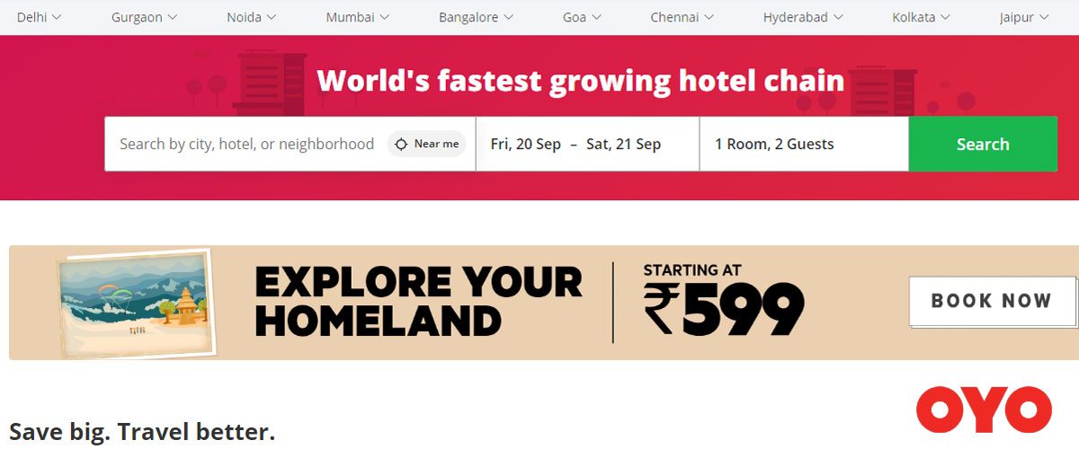 OYO Rooms' homepage