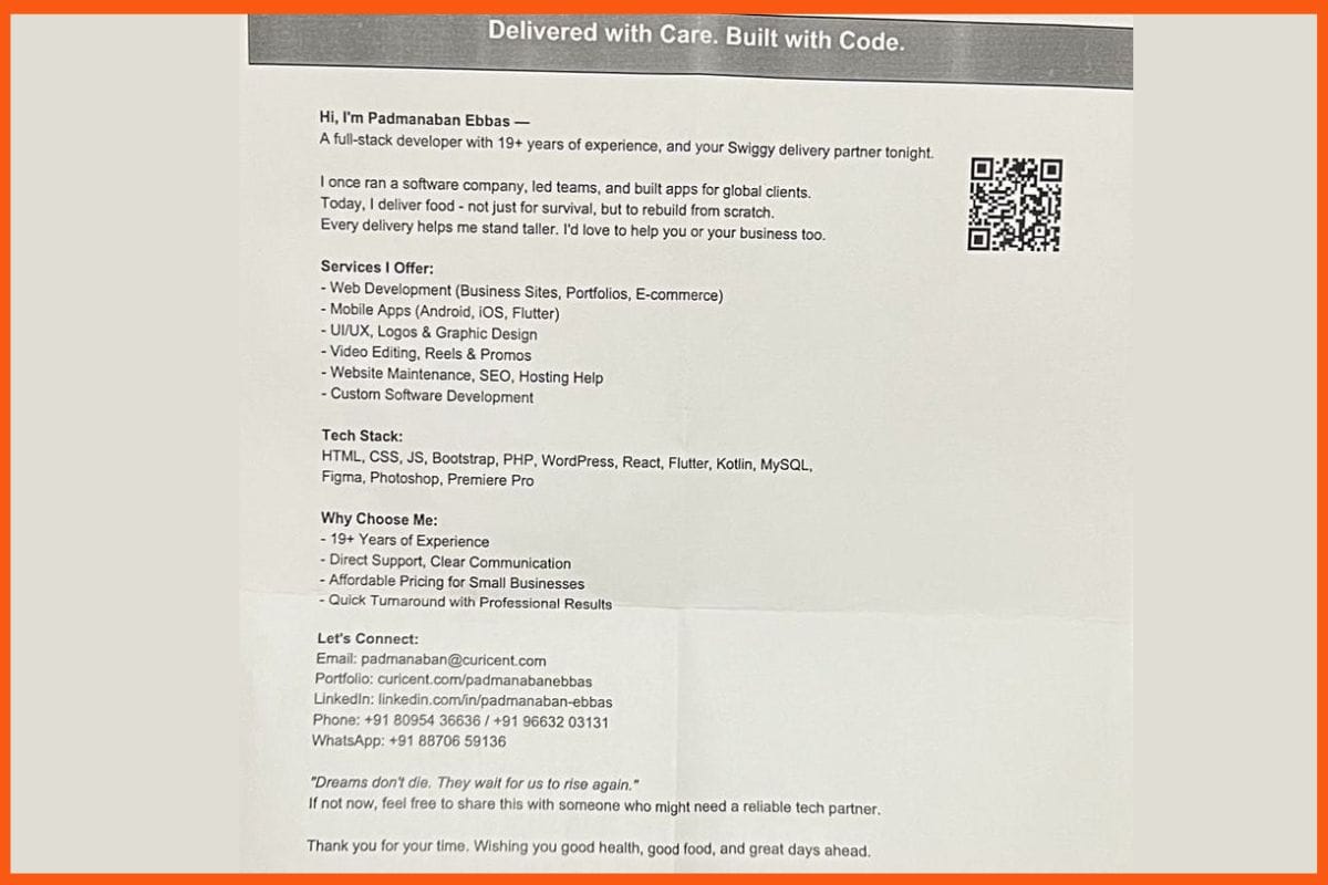 Padmanaban Ebbas shares his skills flyer while delivering for Swiggy