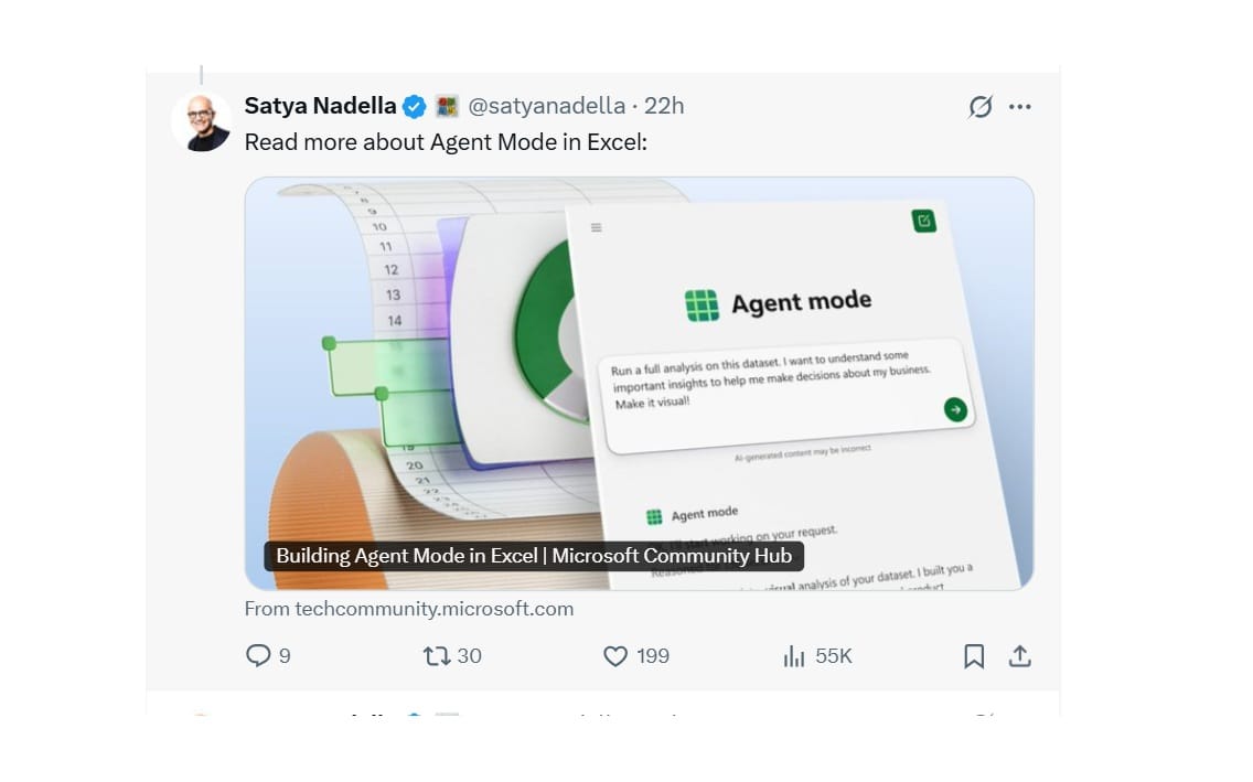 Satya Nadella Officially Announcing Agent Mode on Excel