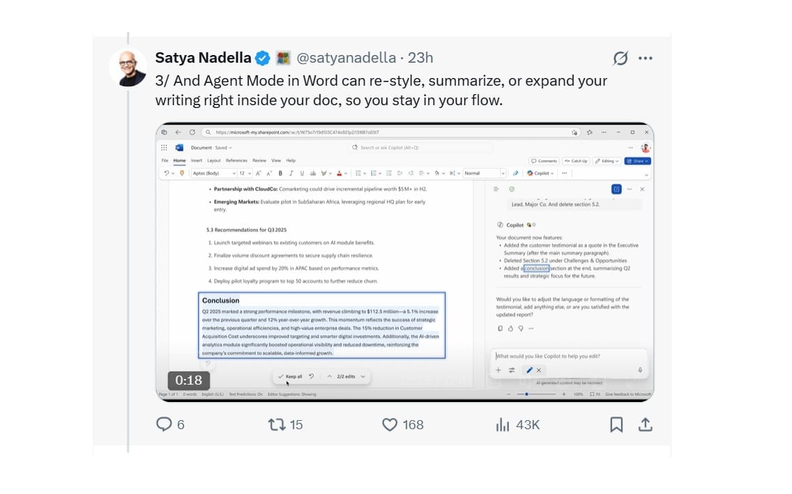 Satya Nadella Officially Announcing Agent Mode on Word