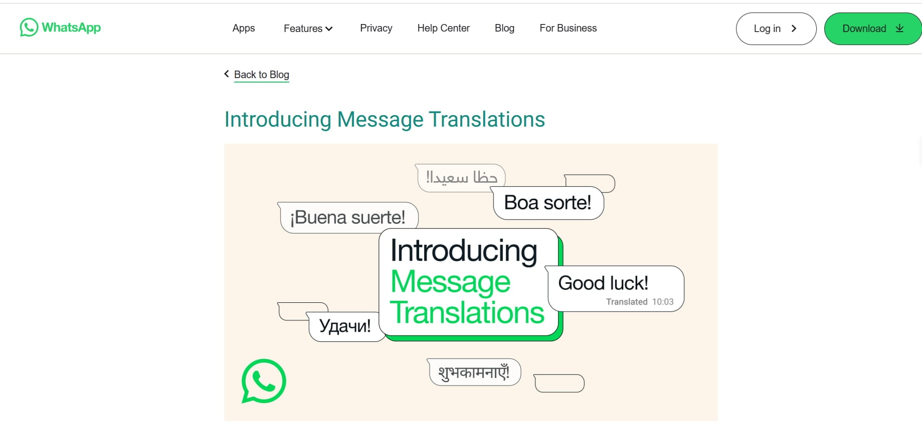Official annoucement of "Message Translations" on WhatsApp