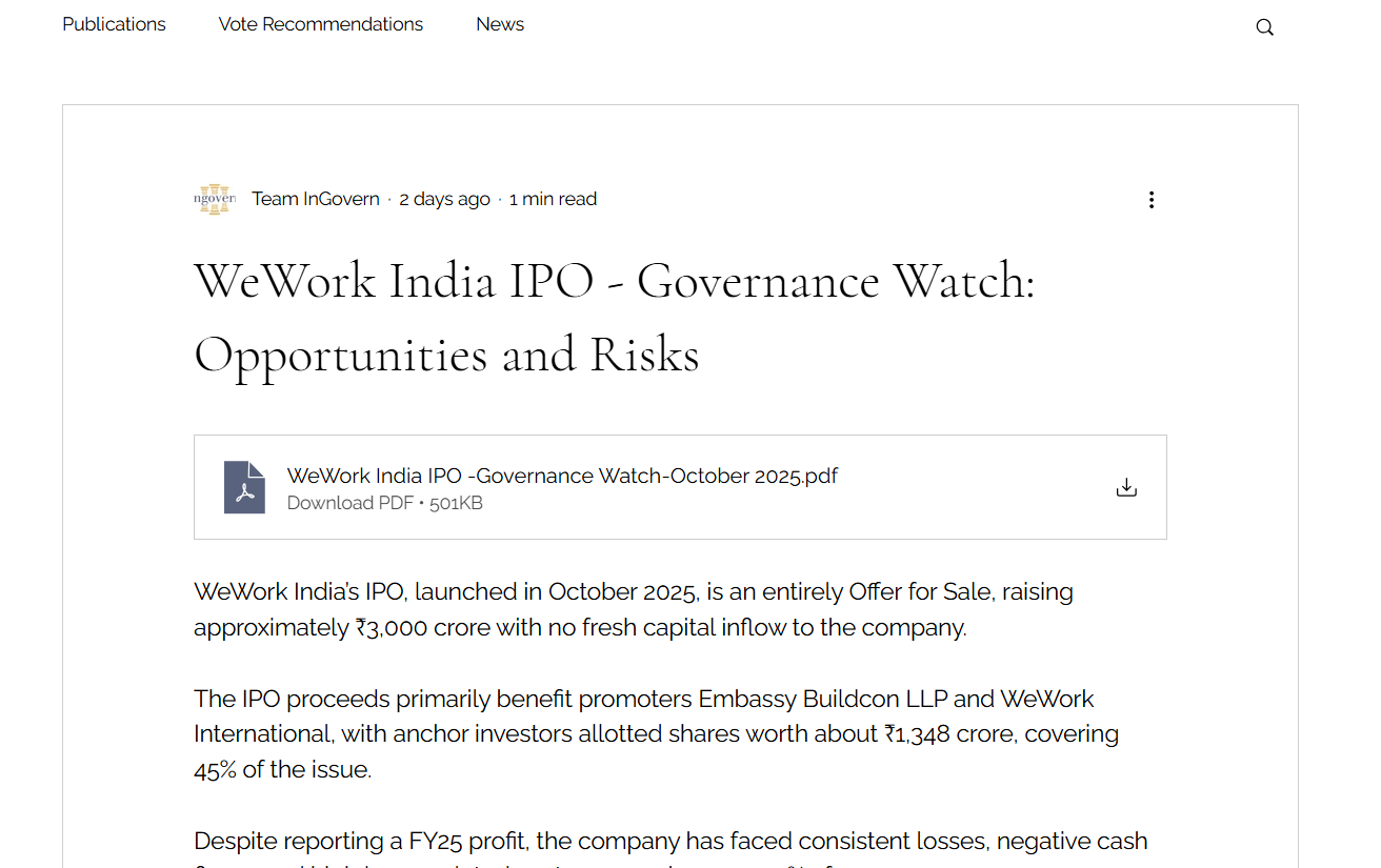 InGovern Official Report On WeWork India