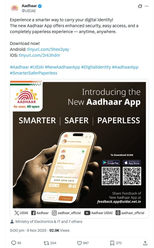 Image Credits - UIDAI's post on the platform 'X'