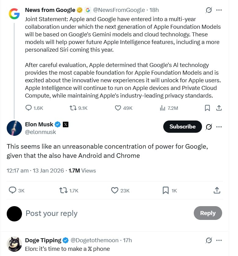 Elon's Reply To Apple's deal with Google Gemini 