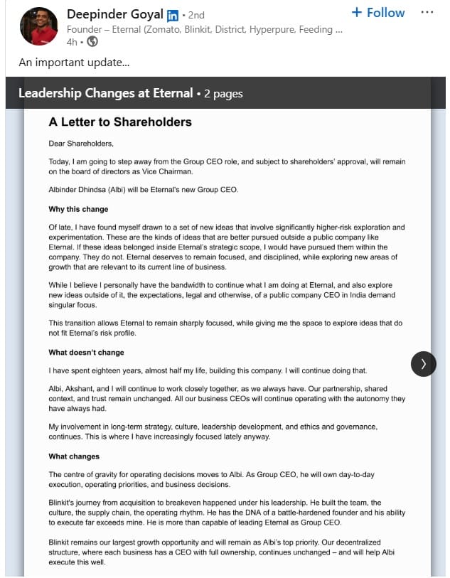 Deepinder Goyal's letter to Eternal Shareholders
