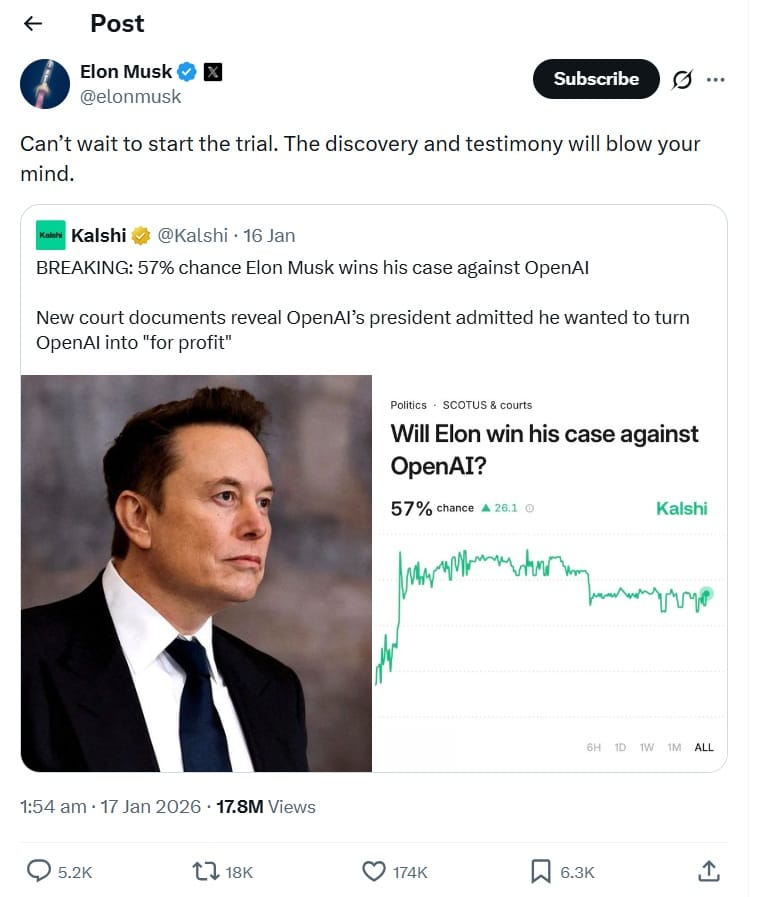 Elon Musl's post on 'X'