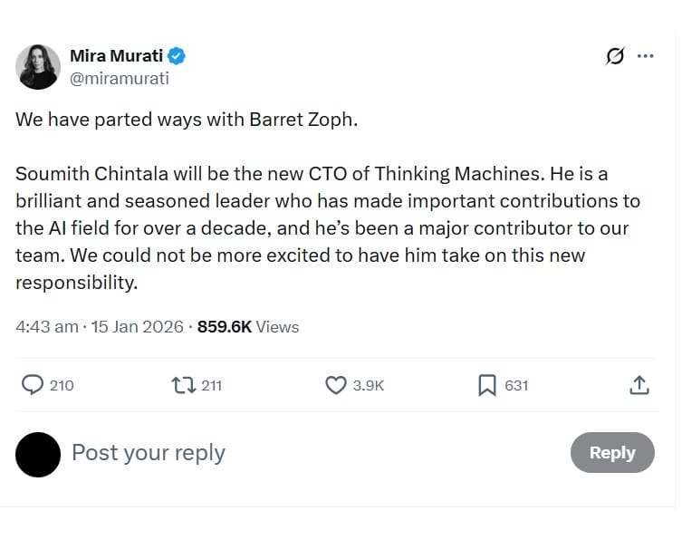 CEO Mira Mirati's post on 'X' 