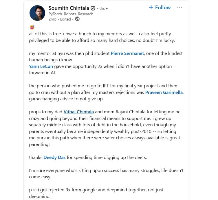 Soumith Chintala's post on LinkedIn