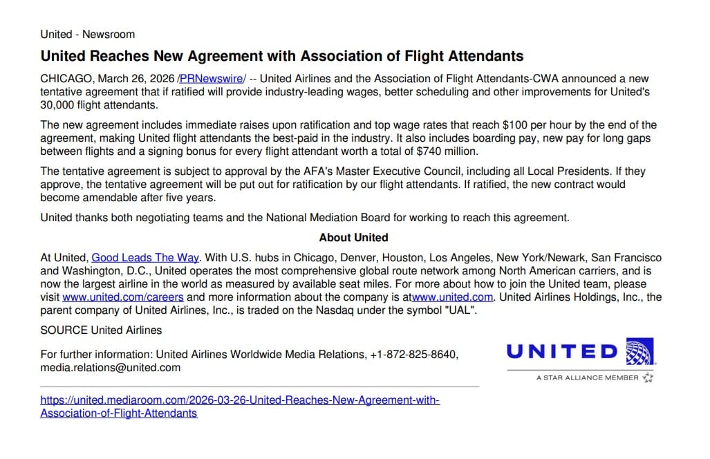 Official annoucement of the new deal by United Airlines
