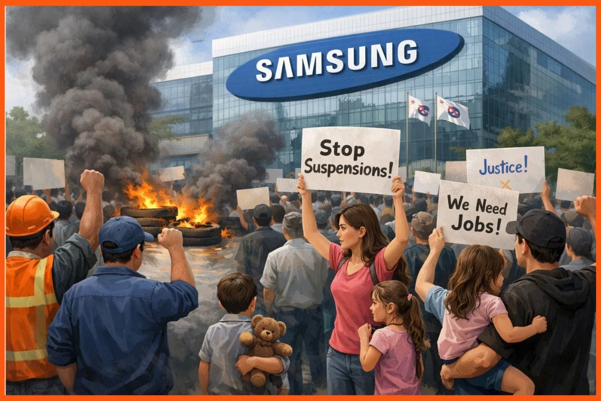 Workers protest Samsung plant over job suspensions, families join demonstrations