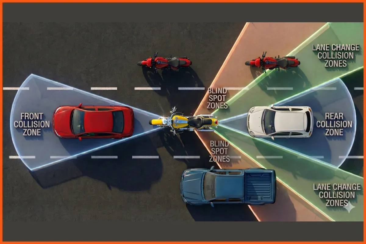 Diagram of the front, rear, blind spot and lane change collision zones around a motorcycle that Edgeverse's Perceiva ARAS stack monitors