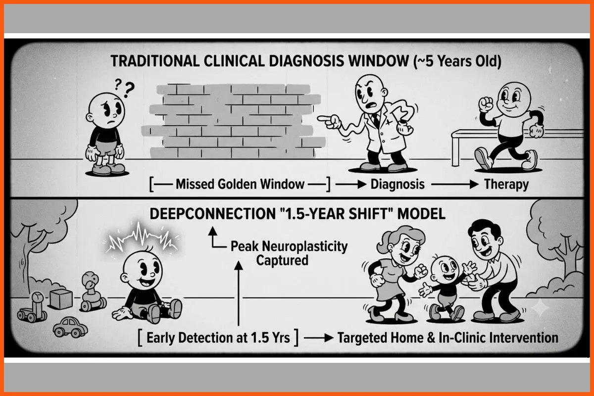 Diagram contrasting the traditional clinical diagnosis window at around age five with DeepConnection's proposed early detection at 1.5 years