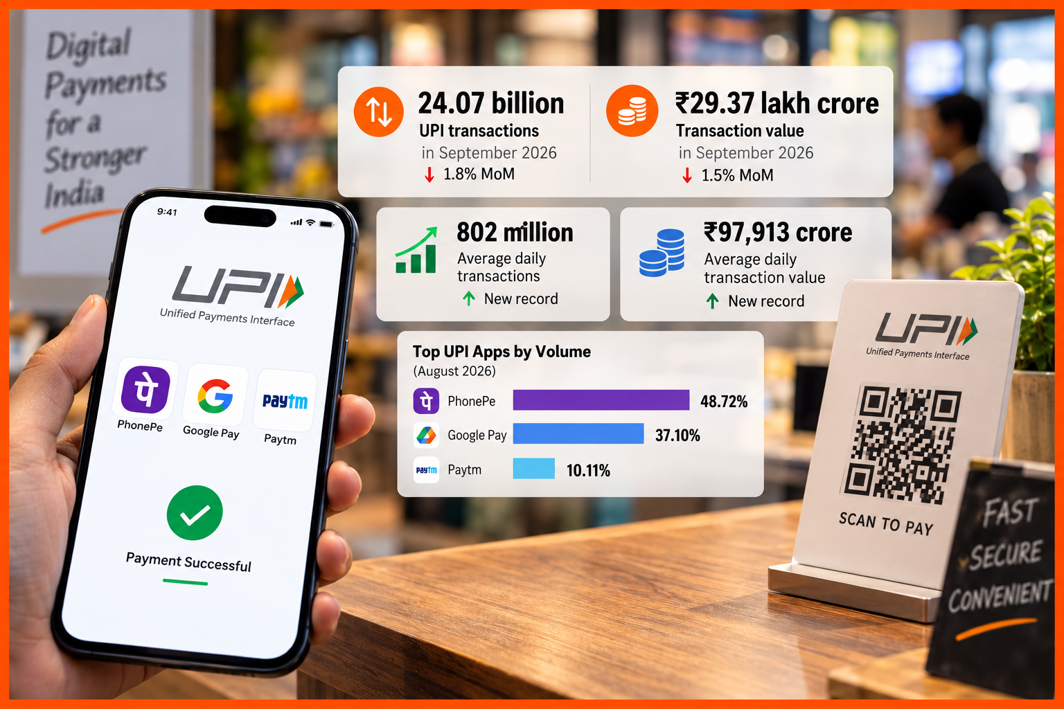 UPI Transaction Volume Dips 1.8% MoM to 24.07 Billion in September 2026