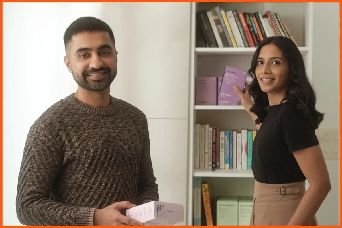 The Stack co-founders Kshitij Rihal and Shreya Jain with the brand's supplement products